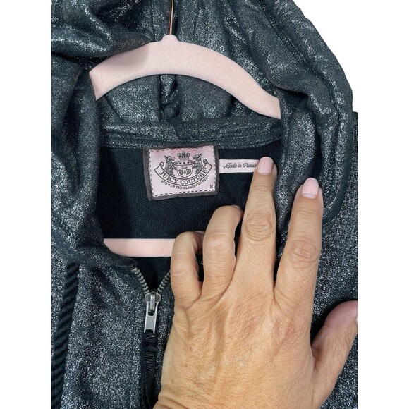 Juicy Couture Black Metallic Wet Look Zip Up Hoodie Jacket Size M Lightweight - Picture 3 of 14